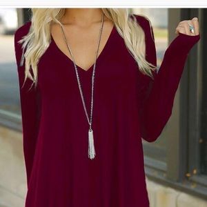 Red wine loose v neck dress